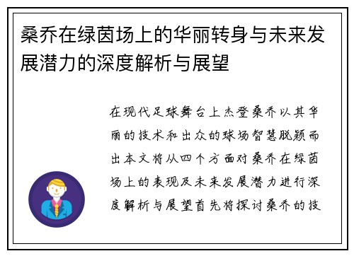 桑乔在绿茵场上的华丽转身与未来发展潜力的深度解析与展望